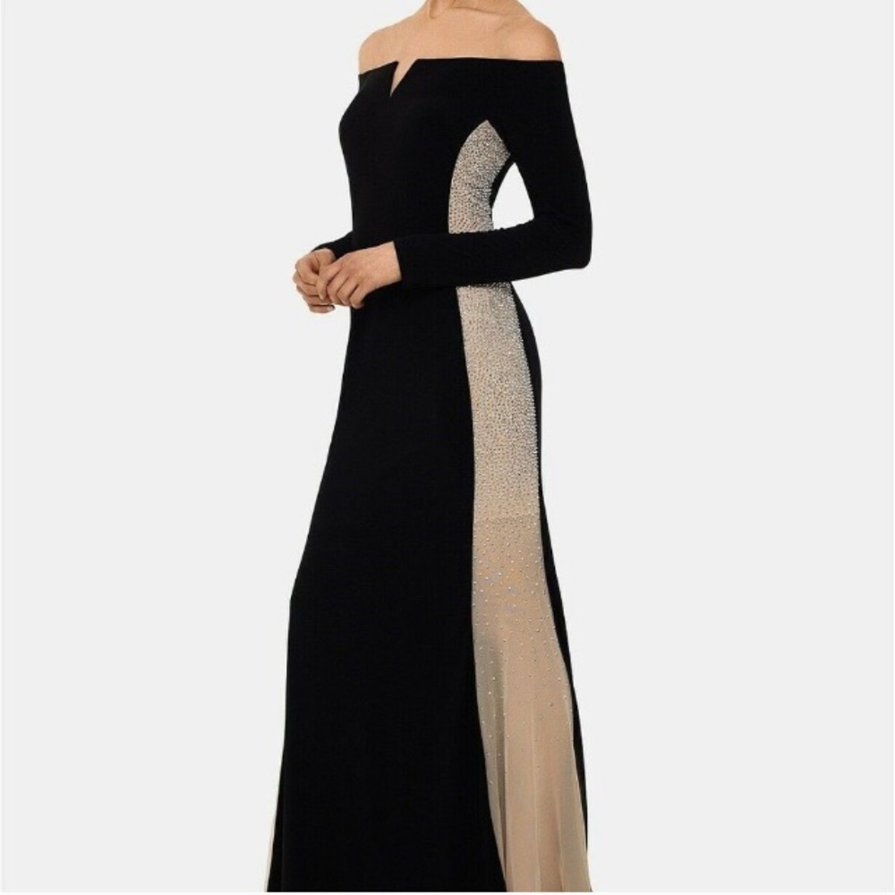 Xscape black and gold gown sequins